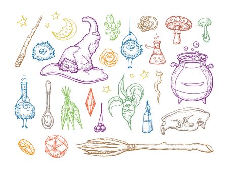 Set of Magician and alchemy tools: skull, crystal, roots, potion, feather, mushrooms, hat. Halloween collection of witchcraft tools. Hand drawn vector illustration. Isolated on white.のイラスト素材