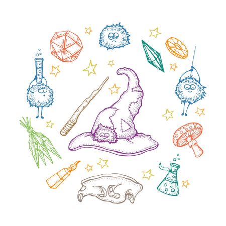 Set of Magician and alchemy tools: skull, crystal, roots, potion, feather, mushrooms, hat. Halloween collection of witchcraft tools. Hand drawn vector illustration. Isolated on white.のイラスト素材