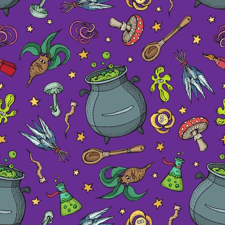 Seamless pattern of Magician and alchemy tools: mandrake, crystal, roots, potion, feather, mushrooms, spoon. Halloween collection of witchcraft tools. Doodle vector illustration on purple backgroundのイラスト素材