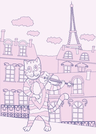 Vector illustration  with Cat the Violinist in Pink Parisのイラスト素材
