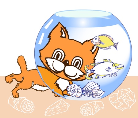 Vector illustration  with Kitten,  Aquarium and Fishのイラスト素材