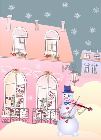 Card Snowman the Violinis and Cats.Vector Illustrationのイラスト素材
