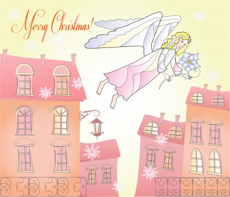 Card with Christmas Angel at the City.Vector Illustrationのイラスト素材