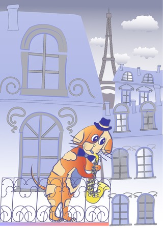 Dog Musician in Blue Evening Paris Vector Illustrationのイラスト素材