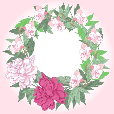 Wreath with pink  peonies and flowers  Vector illustrationのイラスト素材