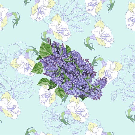 Blue Seamless pattern  with lilac and flowers. Vector Illustrationのイラスト素材