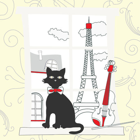 Cat on the window in Paris.Vector illlustrationのイラスト素材