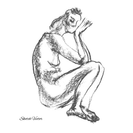 Woman on the beach.Sketch drawing. Vector illustrationのイラスト素材