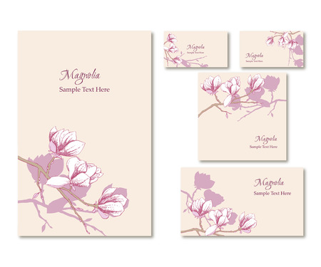Set of vector template corporate identity with magnolia. Background for printed media design. Banner, business card, flyer, invitation, greeting card, postcard. Vector Illustrationのイラスト素材