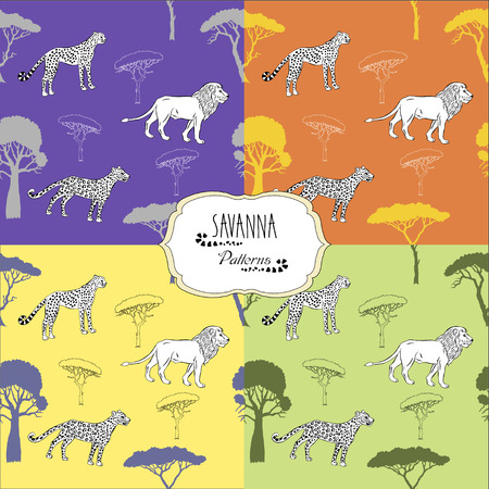 Set seamless patterns with savanna animals. Vector Illustrationのイラスト素材