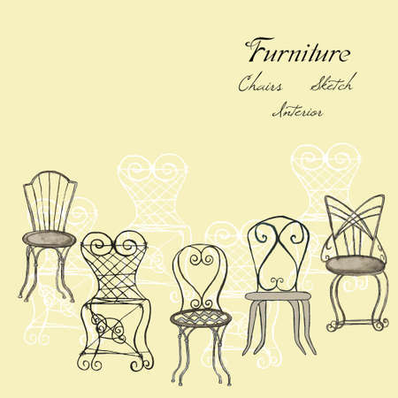 Background with chairs. Hand drawn Furniture for interior.Vector  Illustrationのイラスト素材