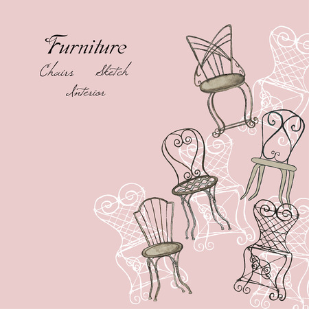 Background with chairs. Hand drawn furniture for  interior decoration. Vector  Illustrationのイラスト素材