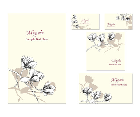Set of vector template corporate identity with magnolia. Background for printed media design. Business card, invitation, greeting card, postcard. Vector Illustrationのイラスト素材