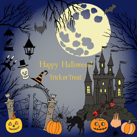 Halloween. Background with  hand drawn elements.Halloween decorations with  pumpkin, cat, ghost, hours, castle, moon and trees. Vector Illustrationのイラスト素材