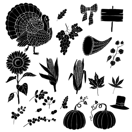 Thanksgiving day. Set of  hand drawn silhouettes. Can be used for backgrounds and cards for Thanksgiving   decorations. Pumpkin, turkey, harvest, autumn. Vector Illustrationのイラスト素材