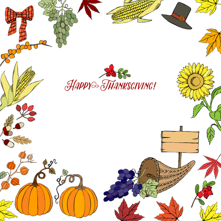 Thanksgiving day. Background with hand drawn elements. Pumpkin, turkey, harvest, sunflower, autumn. Vector Illustrationのイラスト素材