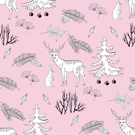 Background with Christmas forest. Hand drawn elements with deer and Christmas tree. Vector  Illustrationのイラスト素材
