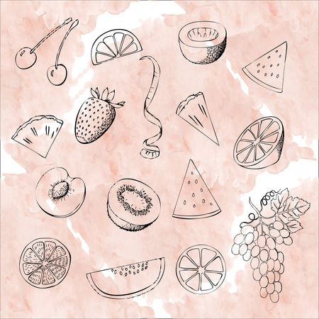 Background with fruit. Hand drawn sketches of orange, kiwi, lemon and others. Vector Illustrationのイラスト素材