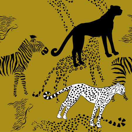 Seamless pattern with savanna animals. Hand drawn vector cheetah, leopard and zebra  in safari park. Vector Illustrationのイラスト素材