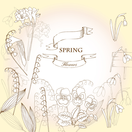 Background with  lily of the valley, galanthus and pansy. Hand drawn snowdrops flowers sketches. Vector Illustrationのイラスト素材