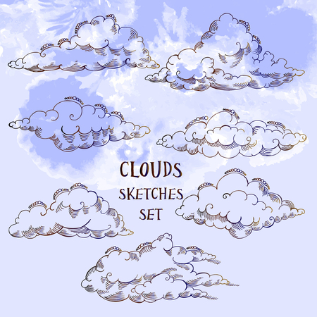 Background with clouds sketches set. Hand drawn sky vector illustrationのイラスト素材