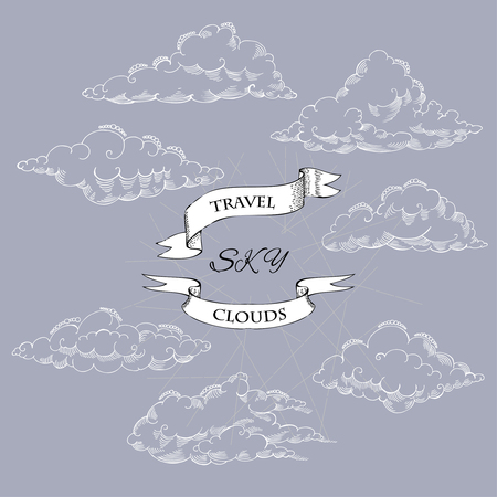 Background with clouds sketches. Hand drawn sky vector illustrationのイラスト素材