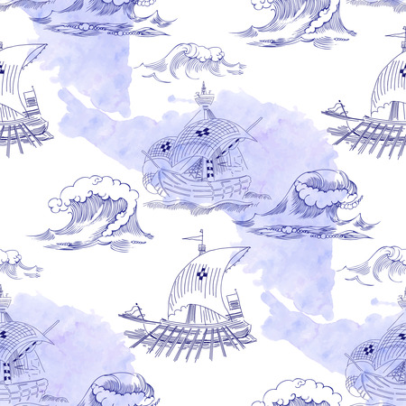 Seamless pattern with waves and ships. Hand drawn vector illustrationのイラスト素材