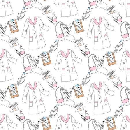 Seamless pattern with medical things. Hand drawn medicine sketches. Vector Illustrationのイラスト素材