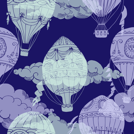 Seamless pattern with clouds and hot air balloons. Hand drawn sketches. Vector Illustrationのイラスト素材