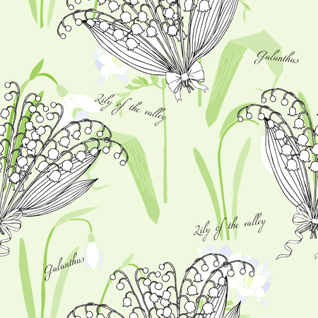 Seamless pattern with lilies of the valley. Hand drawn spring sketches flowers. Vector Illustrationのイラスト素材