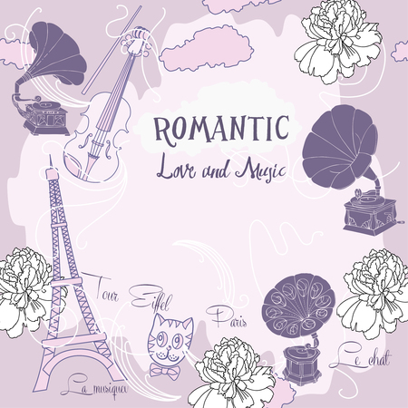 Romantic background with  Paris, flowers  and gramophones.Hand drawn sketches old record player. Vector music illustrationのイラスト素材