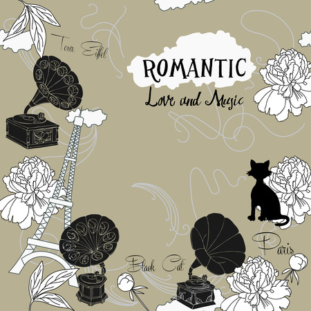 Romantic background with  Paris, flowers  and gramophones.Hand drawn sketches old record player. Vector music illustrationのイラスト素材