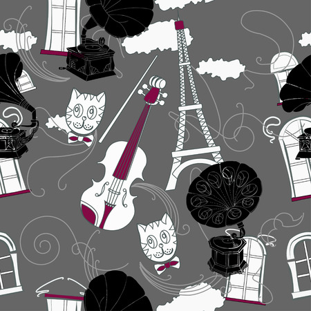 Seamless pattern with  Paris and gramophones. Hand drawn sketches old record players. Vector music illustrationのイラスト素材