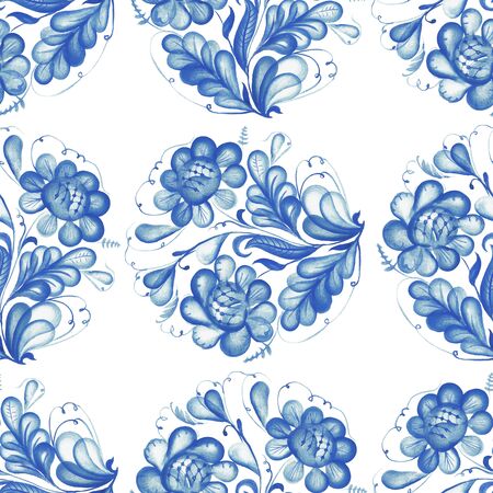 Russian ornament Gzel. Seamless pattern with Russian ornament Gzel. Hand drawn watercolor elementsの写真素材