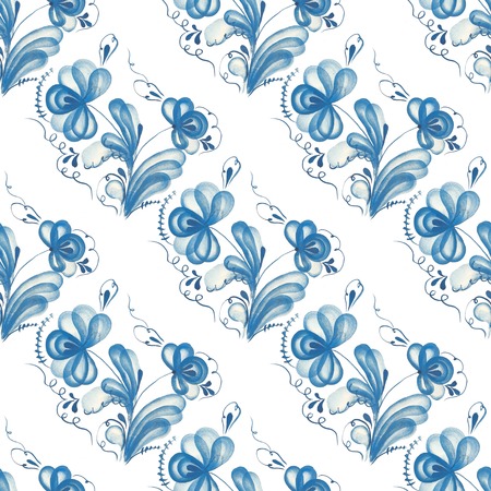 Russian ornament Gzel. Seamless pattern with Russian ornament Gzel. Hand drawn watercolor elementsの写真素材