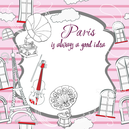 Romantic background with  Paris and gramophones. Hand drawn sketches old record players.のイラスト素材