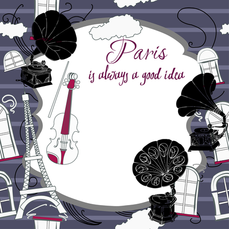 Romantic background with  Paris and gramophones. Hand drawn sketches old record players.のイラスト素材