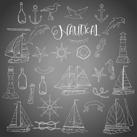 Set with nautical  elements ships and wheel, seahorse, sailing boats,  dolphin and sea knots. Hand drawn articles for summer holidays.Travel, marin and ocean.のイラスト素材