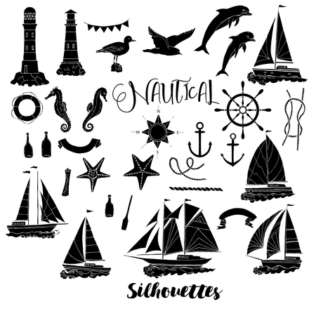 Set with nautical  silhouettes ships and wheel, seahorse, sailing boats,  dolphin and sea knots. Hand drawn articles for summer holidays.Travel, marin and ocean.のイラスト素材