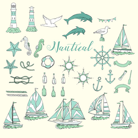 Nautical set with ships and wheel, seahorse, sailing boats,  dolphin and sea knots. Hand drawn elements for summer holidays.Travel, marin and ocean.のイラスト素材