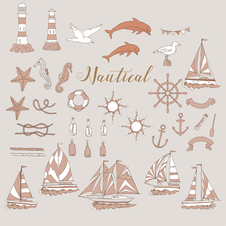 Nautical set with ships and wheel, seahorse, sailing boats,  dolphin and sea knots. Hand drawn elements for summer holidays.Travel, marin and ocean. Vector Illustrationのイラスト素材