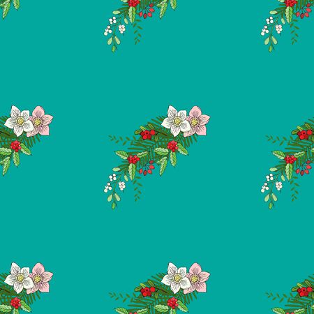 Seamless pattern with Christmas decoration. Hand drawn bouquet elements with poinsettia,  mistletoe and bow. Vector  Illustrationのイラスト素材