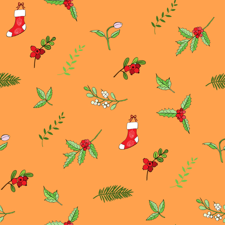 Seamless pattern with Christmas decoration. Hand drawn bouquet elements with poinsettia,  mistletoe and bow. Vector  Illustrationのイラスト素材