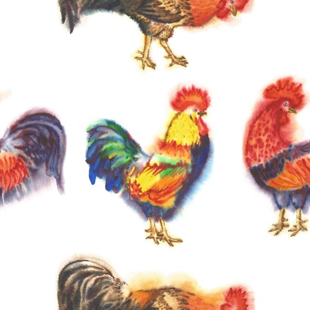 Seamless Pattern with Roosters. Hand drawn watercolor illustrationの写真素材