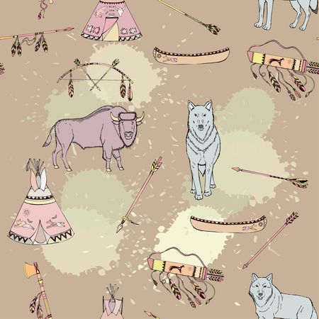 Seamless Pattern with American Indian Elements. Hand drawn sketches. Vector Illustrationのイラスト素材
