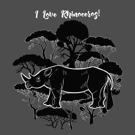 Rhinoceros and savanna trees printのイラスト素材