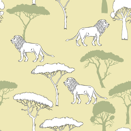 Seamless Pattern with Lion and savanna trees. Hand drawn sketches. Vector Illustrationのイラスト素材