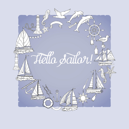 Nautical background with ships and wheelのイラスト素材