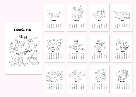 Calendar 2018 Dogs Sketches black and white. Hand drawn  animals vector illustrationのイラスト素材