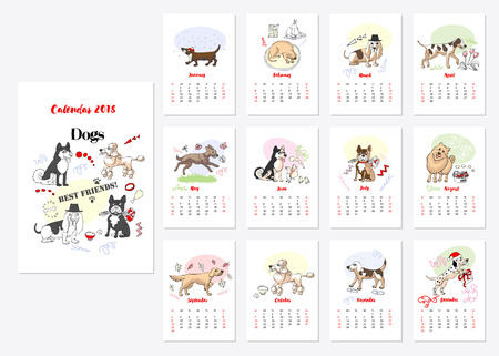 Calendar 2018 Dogs Sketches. Hand drawn  animals vector illustrationのイラスト素材